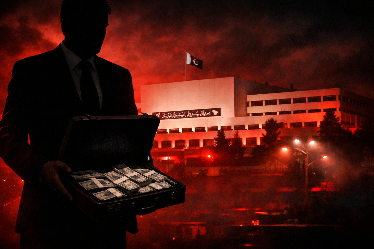 Politician and parliament against red sky