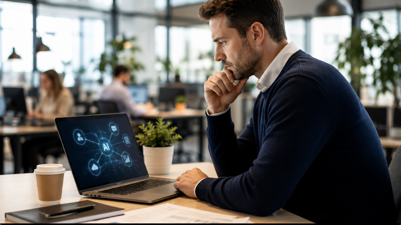 Will AI replace office jobs - worker reviewing AI tools at desk
