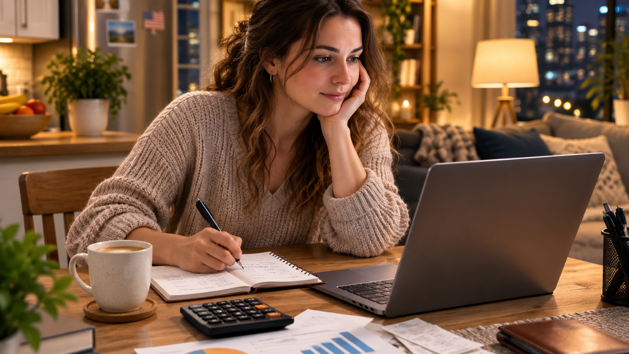 How much should you save each month - woman budgeting at home