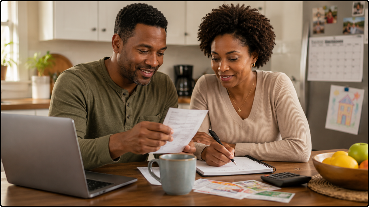 Family reviewing budget to find ways to cut everyday expenses