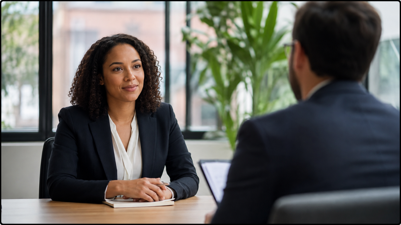 Job candidate avoiding common interview mistakes during a professional interview