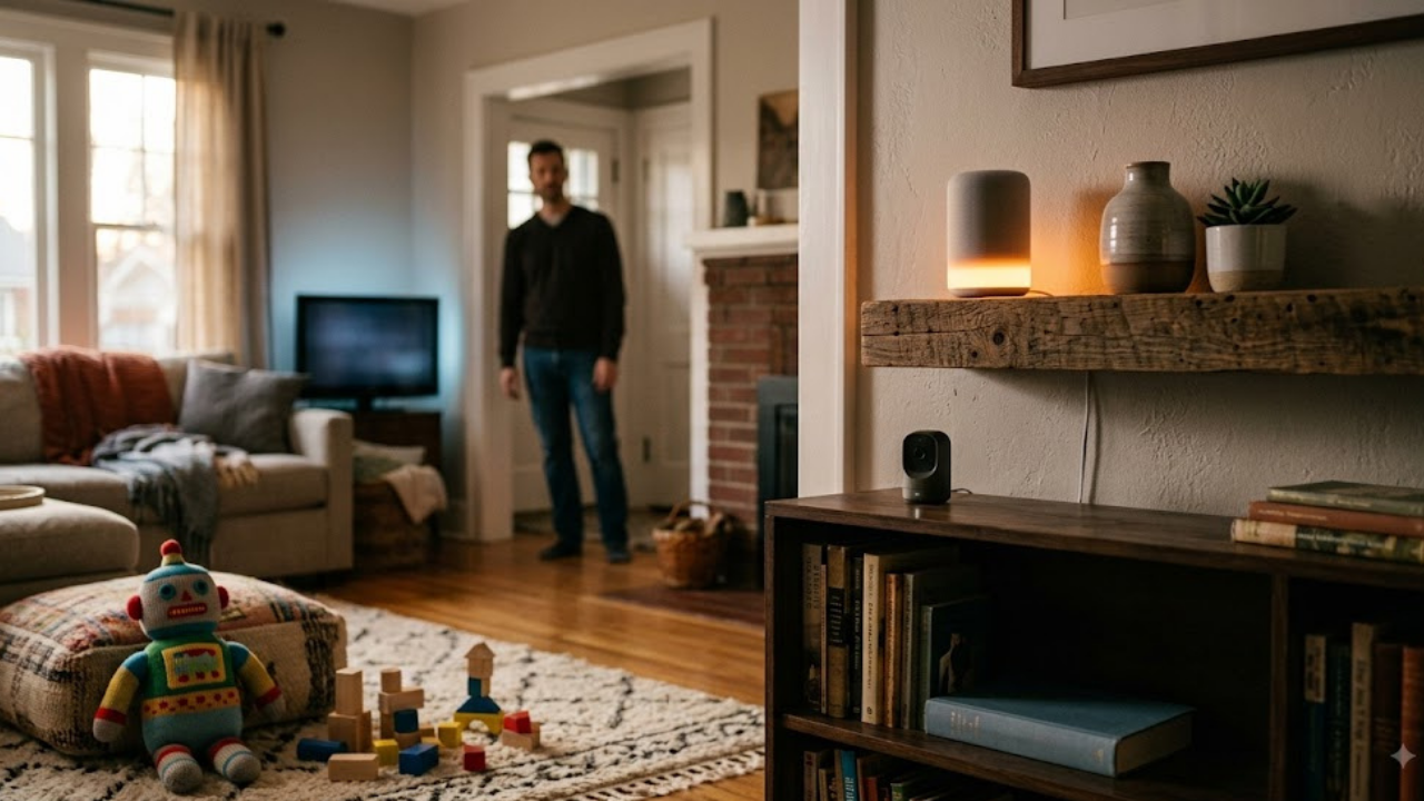 smart home devices spying on kids in a family living room